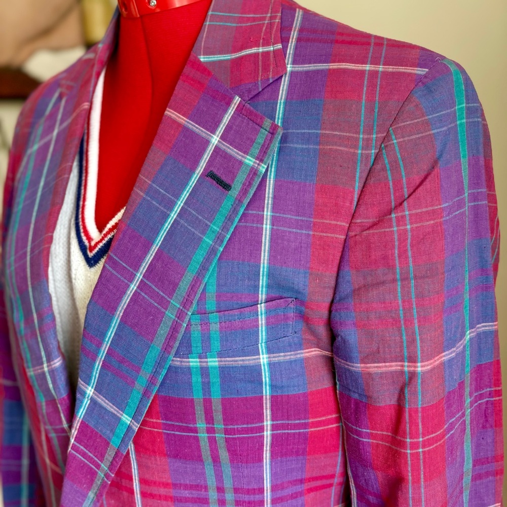 Vibrant Pink & Purple Plaid Men's Blazer - Picture 4 of 16